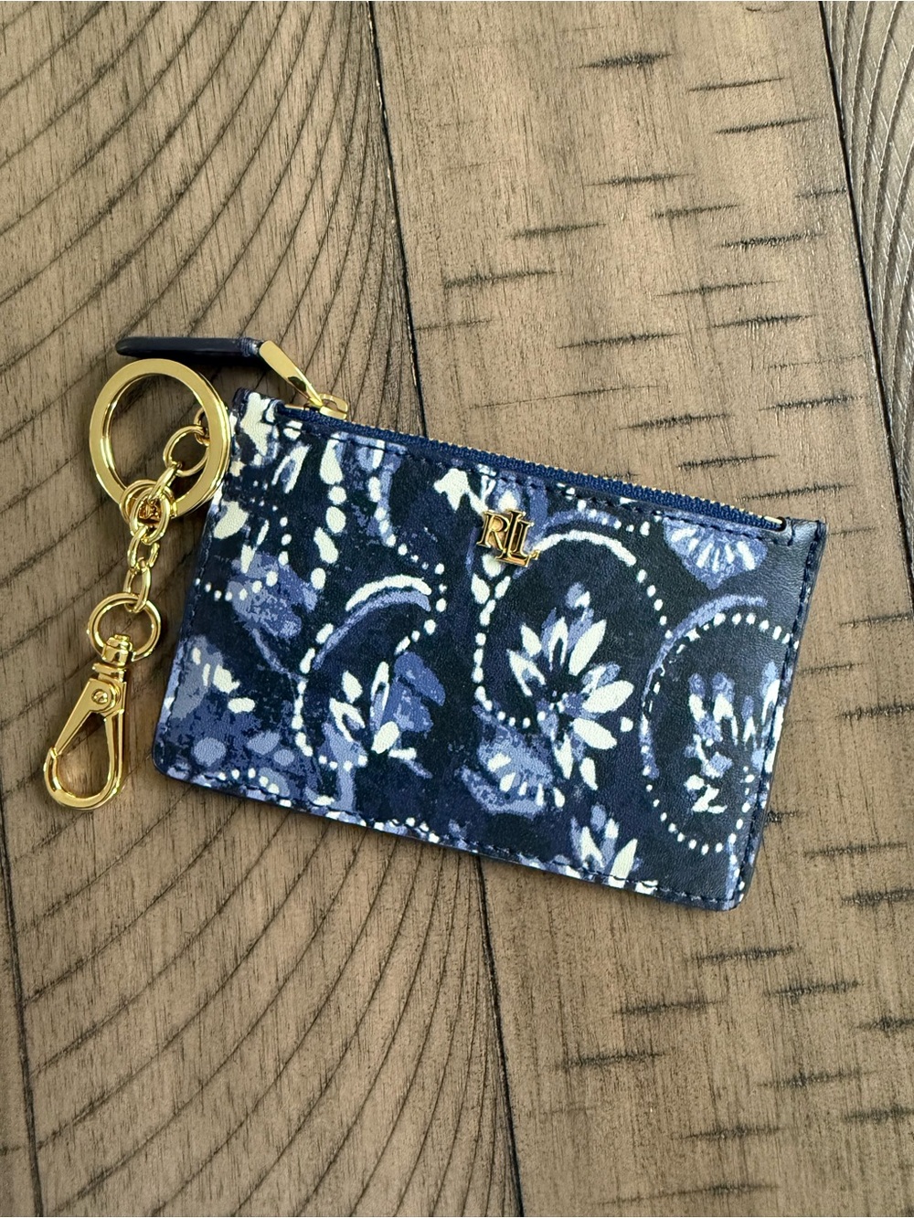 Ralph Lauren Navy Floral Key Card Pouch with Gold Hardware